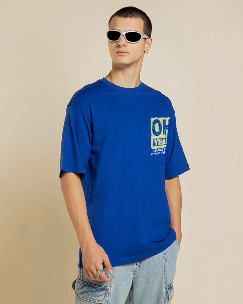 bewakoof Men's Blue Oh Yeah Typography Oversized T-shirt